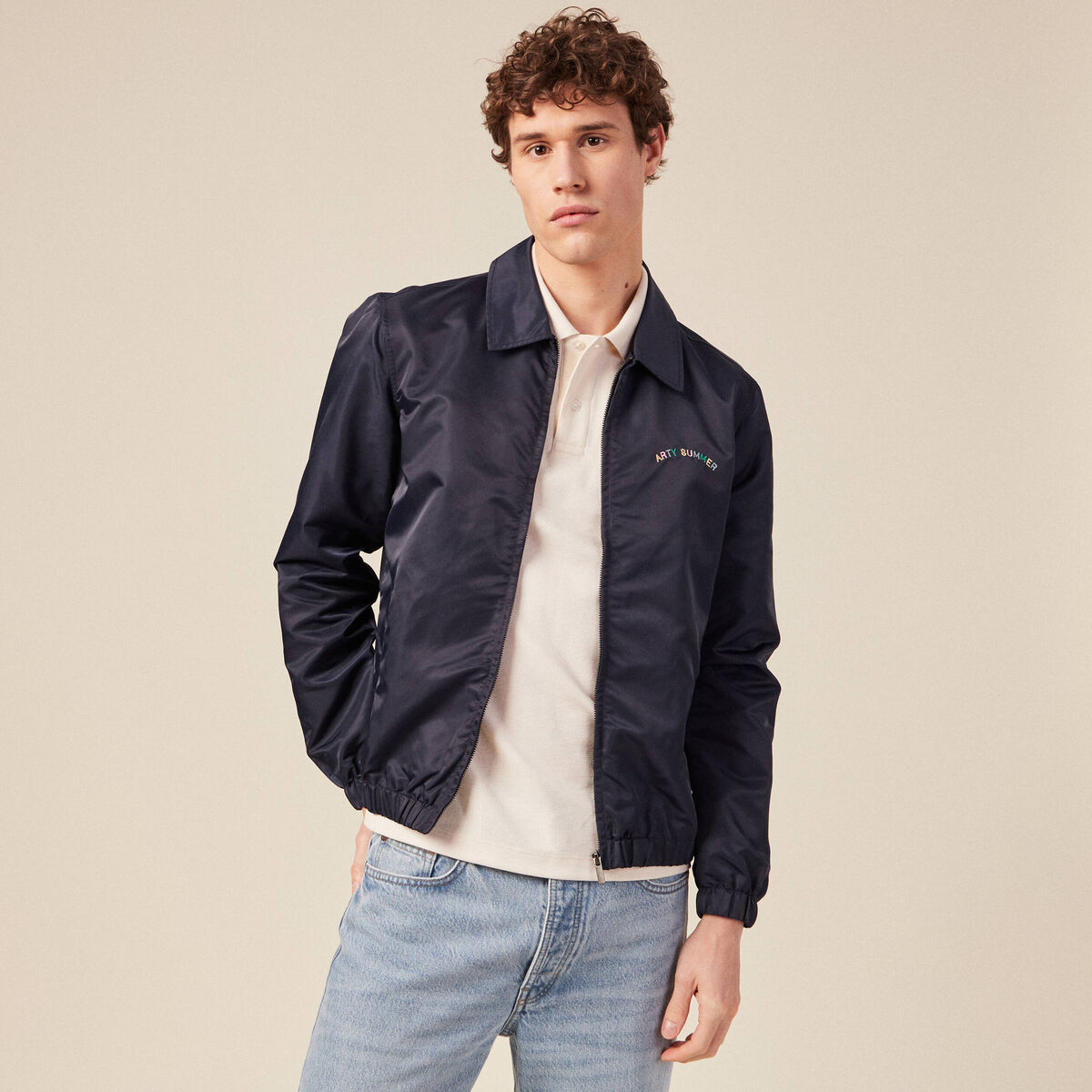 Veste broderie bas resserr&eacute; bleu marine homme