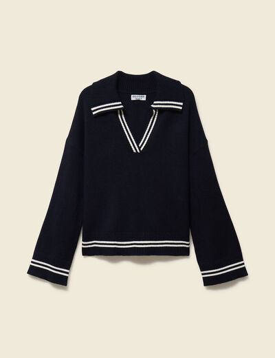 Pull col polo manches longues bleu marine femme