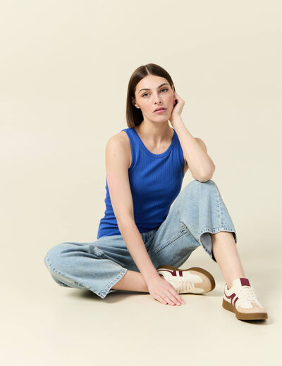 Débardeur cintré court col rond bleu electrique femme