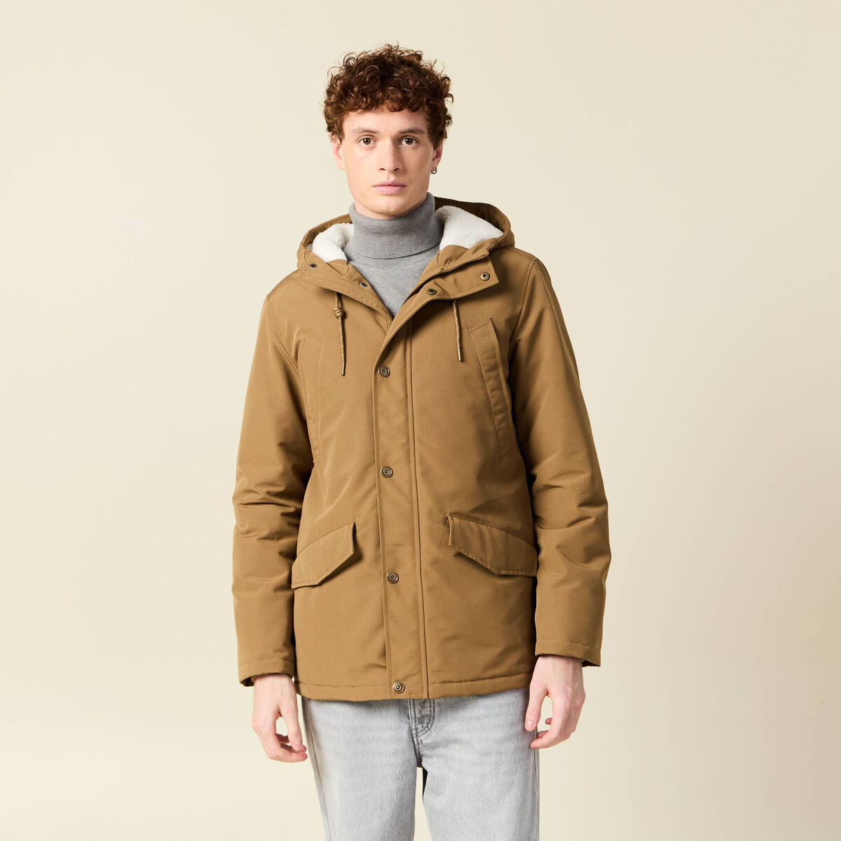 Parka droite mi-longue &agrave; capuche beige homme