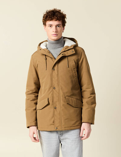 Parka droite mi-longue &agrave; capuche beige homme