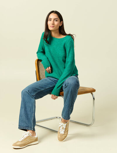 Pull col bateau manches longues vert femme