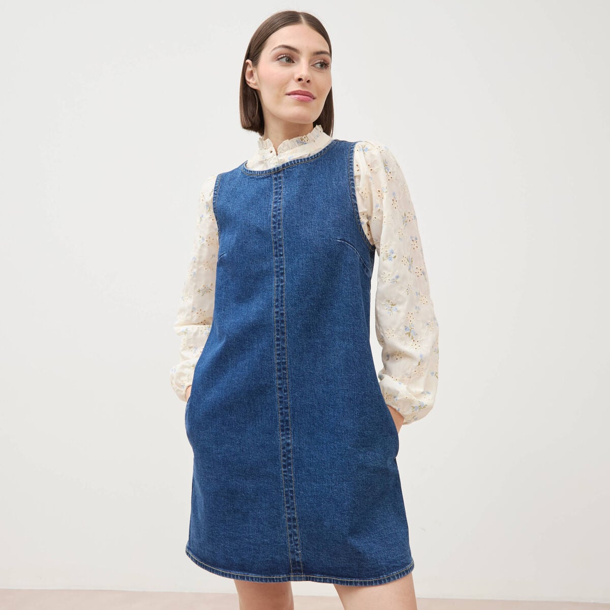 Robe sans manches col rond en jeans denim stone femme