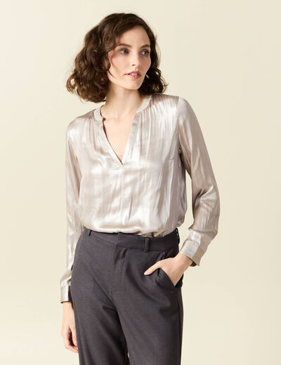 Blouse manches longues irisée gris argent femme