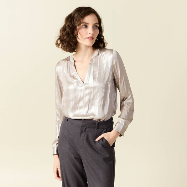 Blouse manches longues irisée gris argent femme