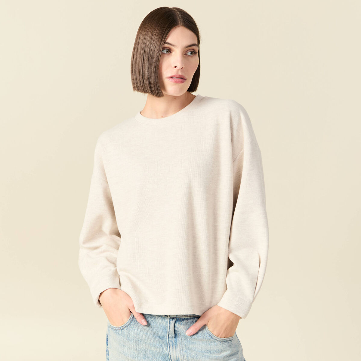 Sweat oversize col rond manches longues creme femme