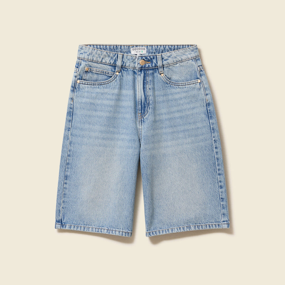 Bermuda large taille haute en coton denim used femme