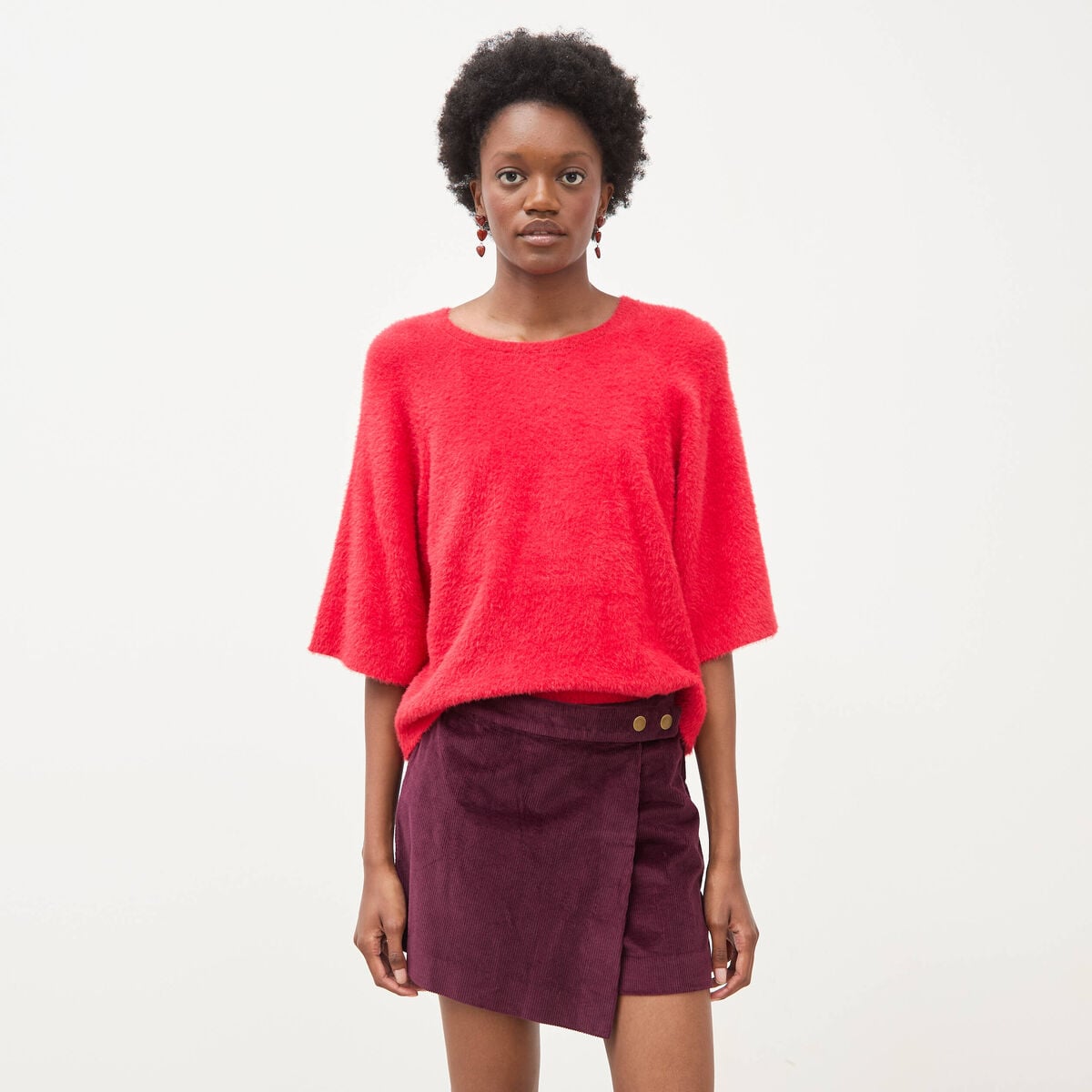 Jupe taille haute en velours prune femme