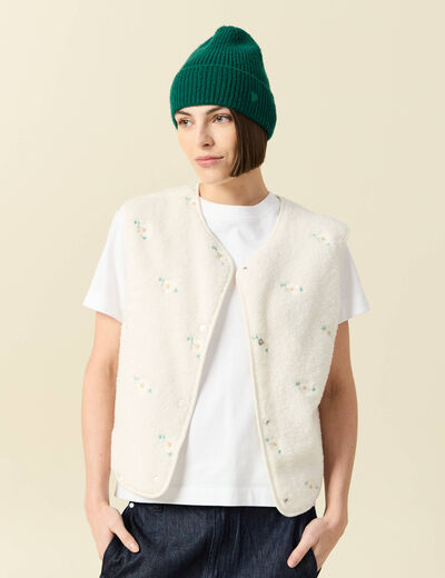 Gilet sherpa sans manches col rond ecru femme