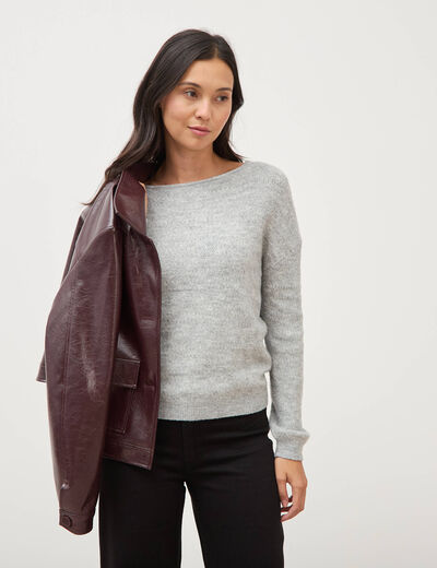Pull manches longues col bateau gris femme