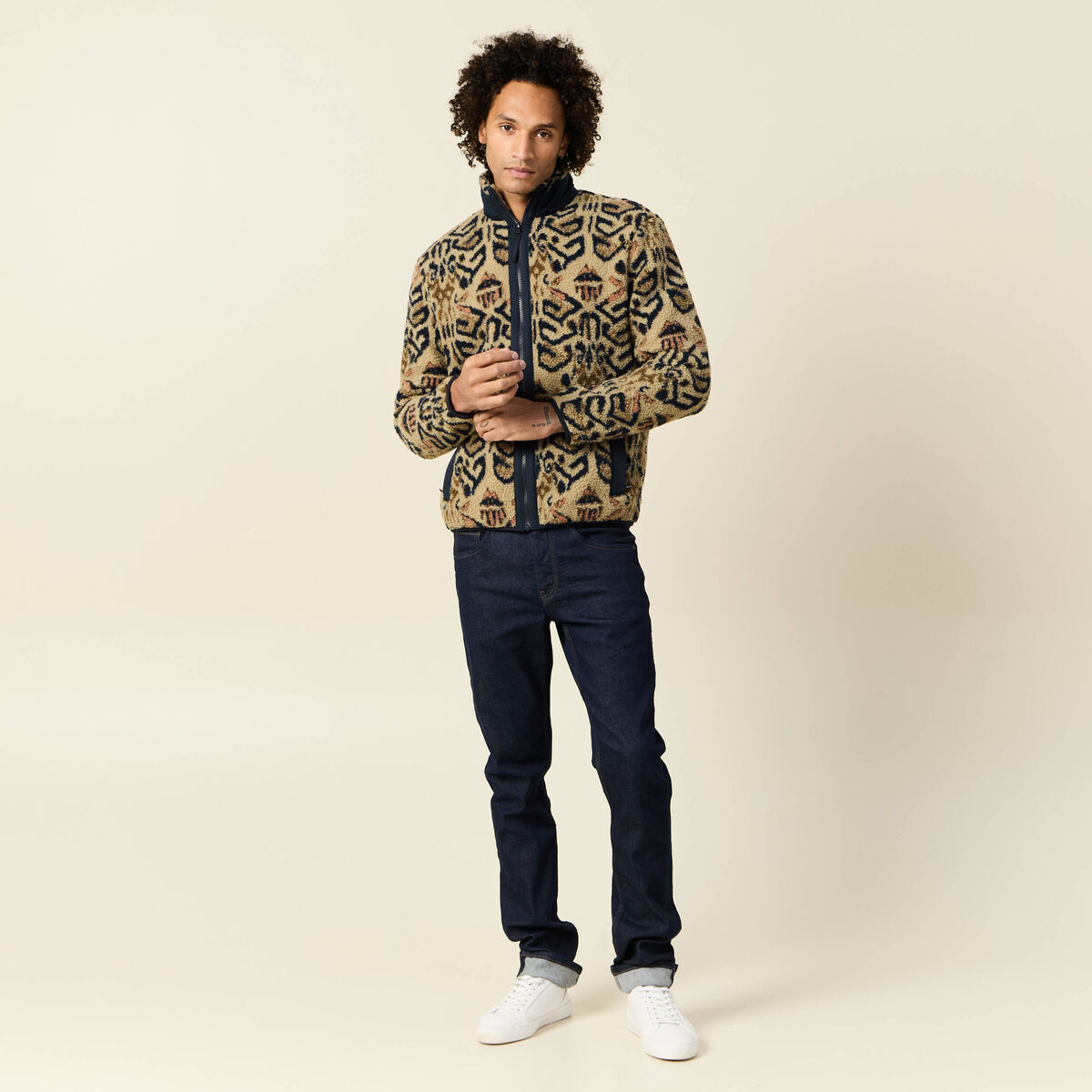 Gilet manches longues zipp&eacute; sherpa beige homme
