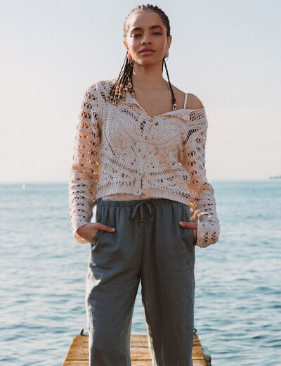 Cardigan droit court manches longues ecru femme