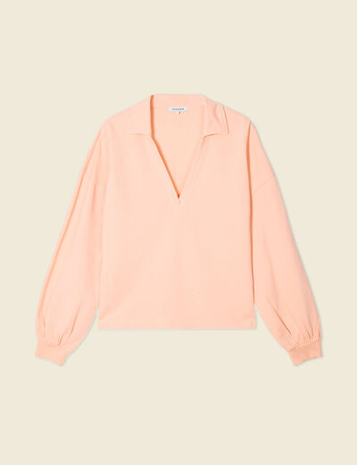 Sweat manches longues col polo rose saumon femme