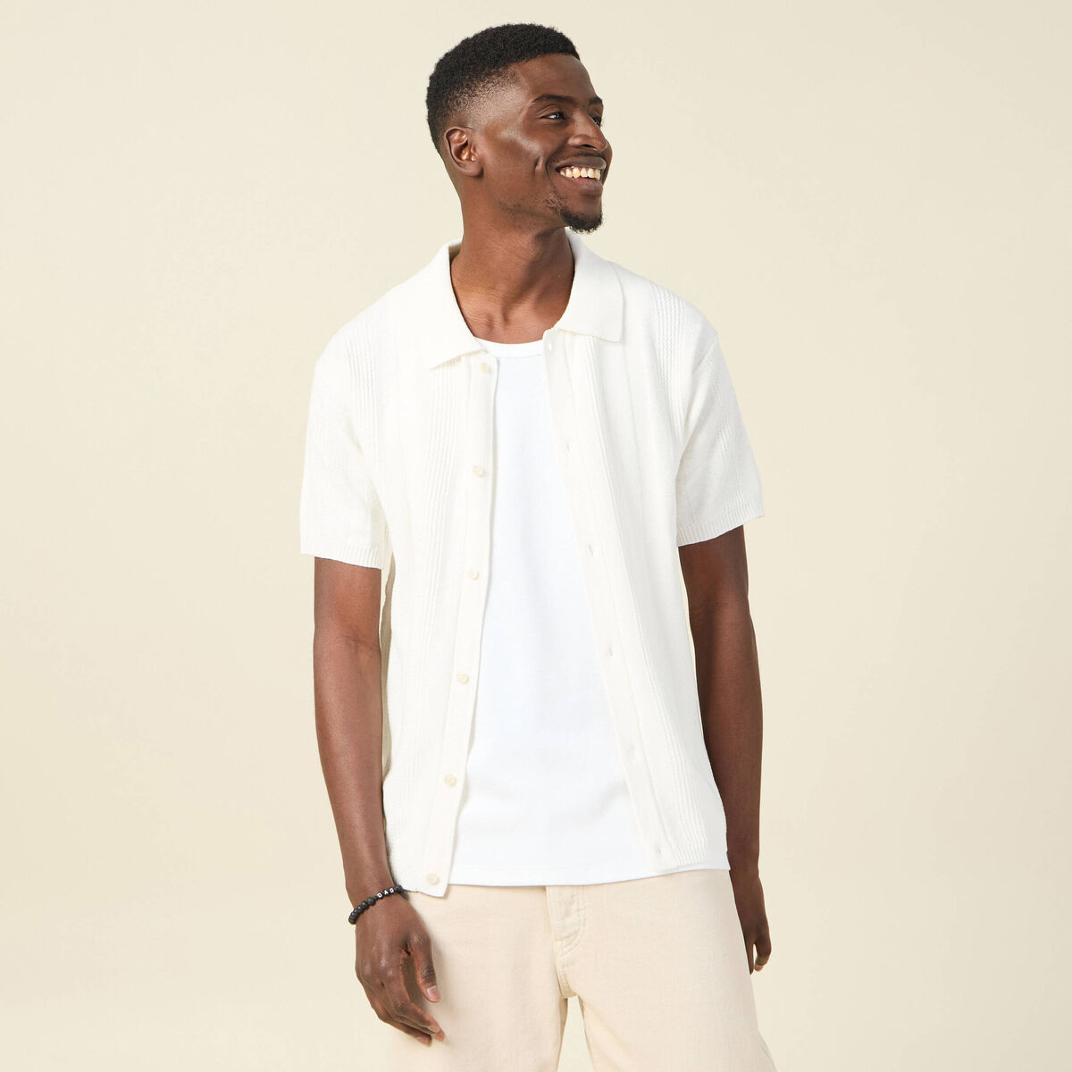 Chemise manches courtes tricot ecru homme