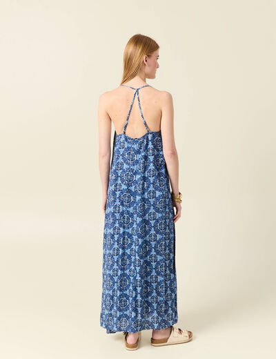 Robe longue évasée fluide bleu femme