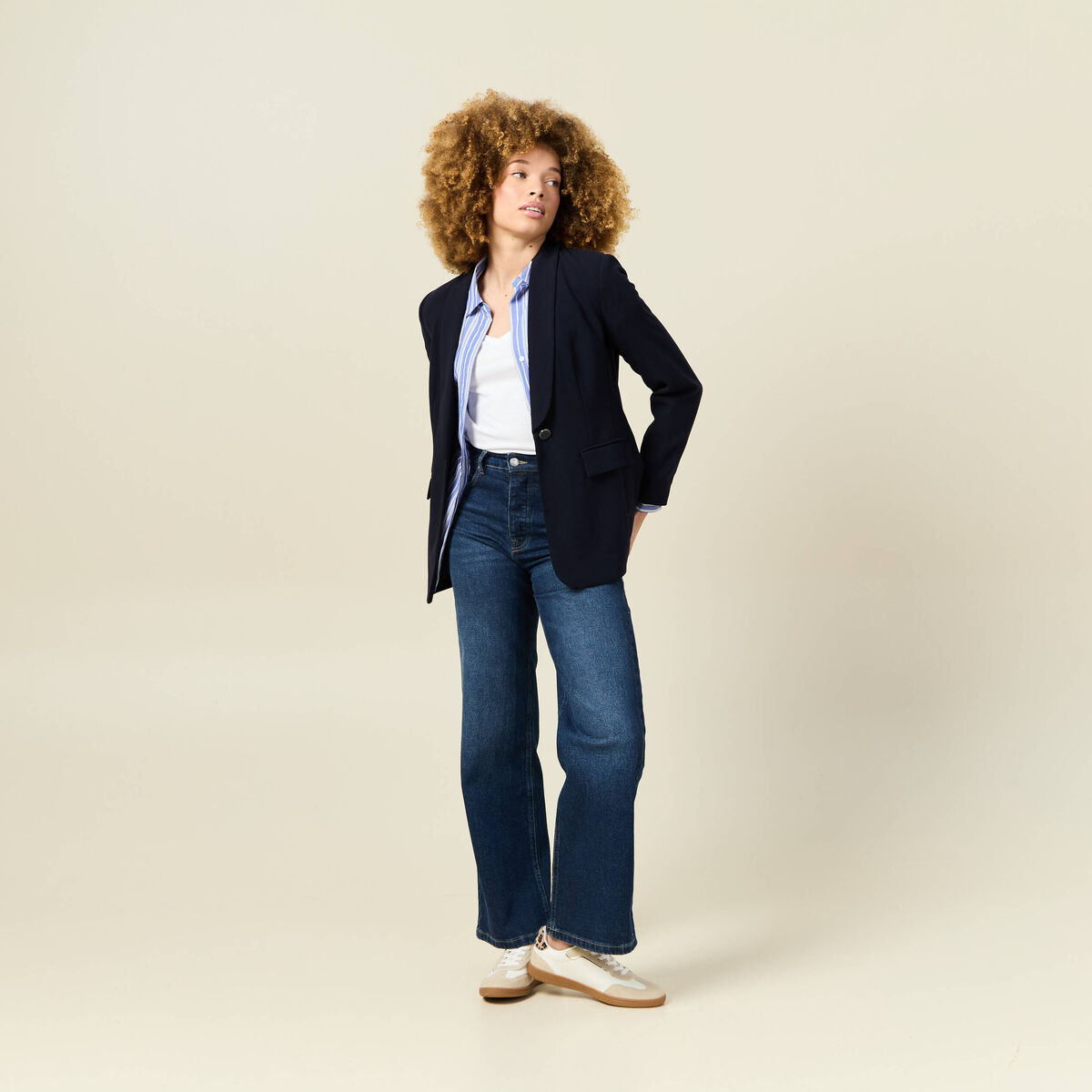 Veste blazer col ch&acirc;le bleu marine femme