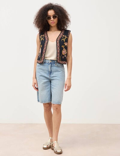 Gilet droit court sans manches doubl&eacute; noir femme