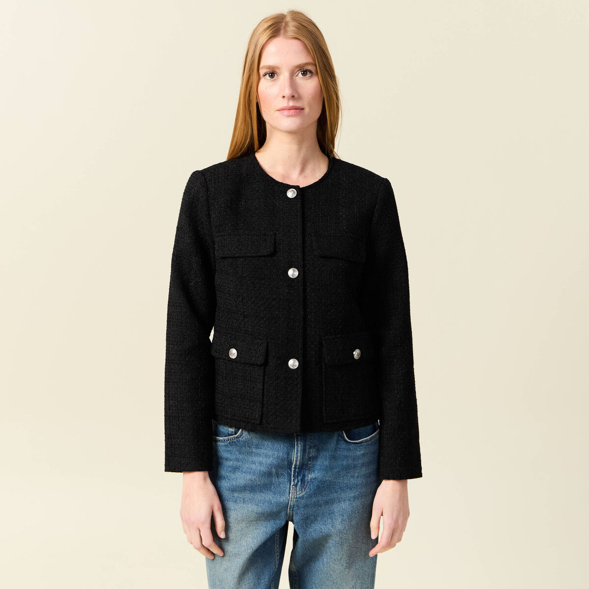 Veste manches longues en tweed noir femme