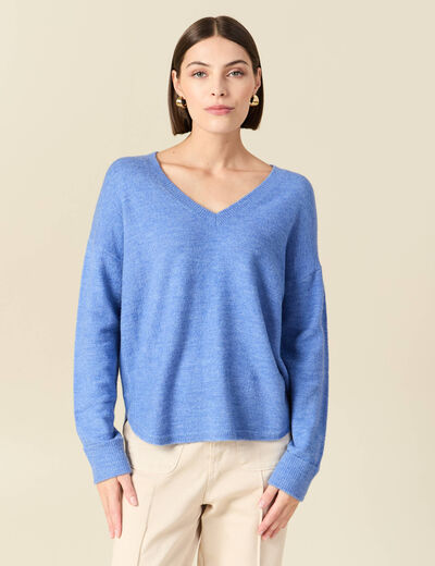 Pull manches longues col en V bleu ciel femme