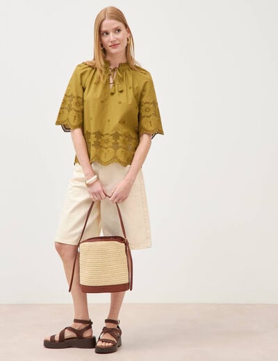 Blouse en coton manches courtes dentelle vert kaki femme