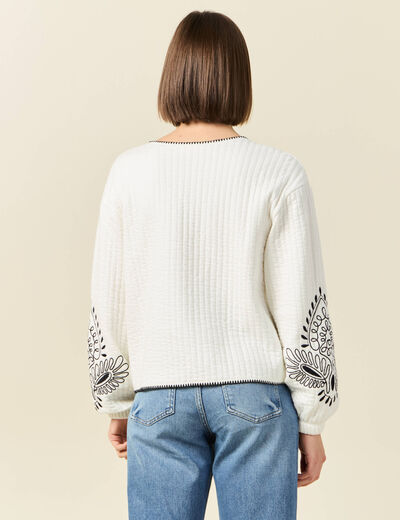 Gilet manches longues brodé ecru femme