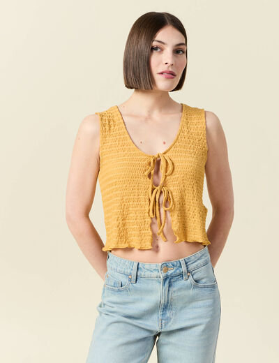 Débardeur droit cropped col rond jaune moutarde femme