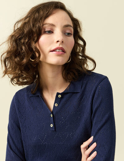 Pull ajour&eacute; manches longues en coton bleu marine femme