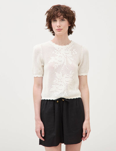 Pull ajour&eacute; droit court manches courtes creme femme