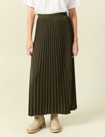 Jupe pliss&eacute;e longue vert kaki femme