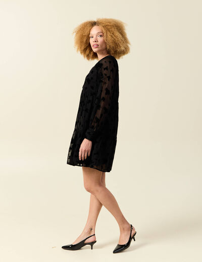 Robe manches longues en voile doubl&eacute;e noir femme