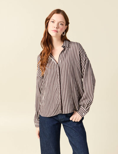 Chemise boyfriend courte manches longues marron fonc&eacute; femme
