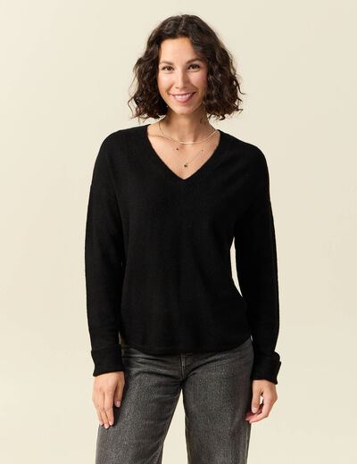 Pull manches longues col en V noir femme