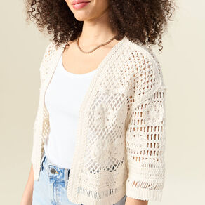 Gilet manches 3/4 ajouré ecru femme