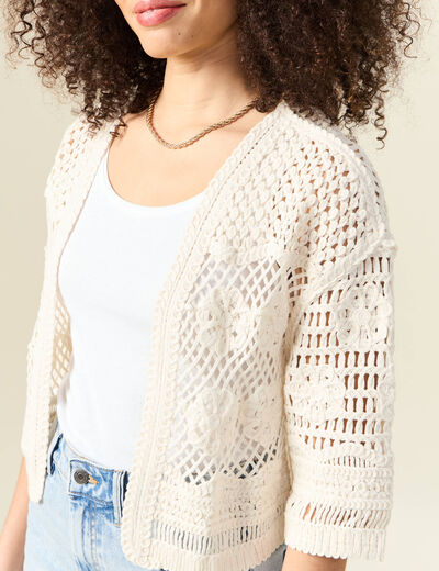 Gilet manches 3/4 ajouré ecru femme