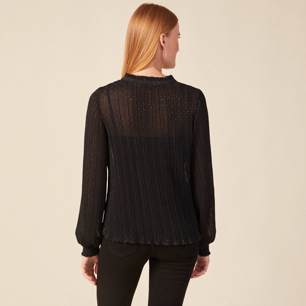 Blouse manches longues plissée noir femme