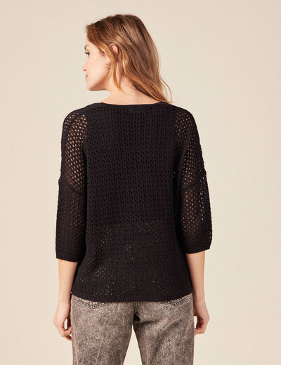 Pull ajour&eacute; col v manches 3/4 noir femme
