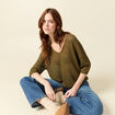 Pull ajour&eacute; col v manches 3/4 vert olive femme