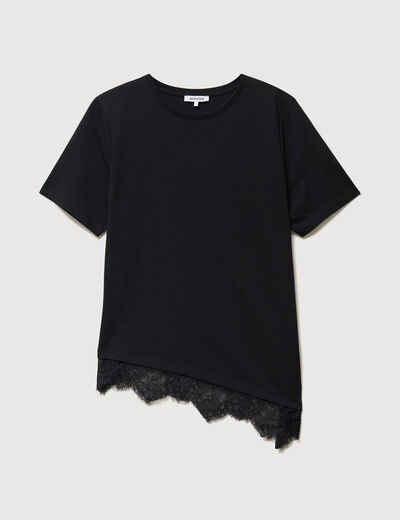 T-shirt droit col rond avec dentelle noir femme