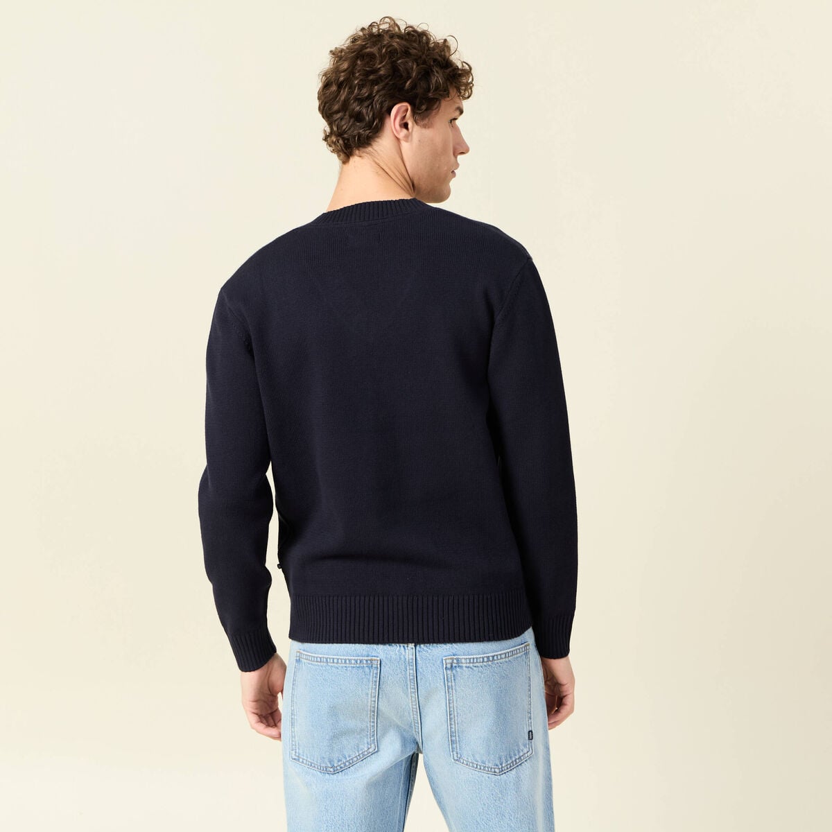 Pull fin col v manches longues bleu marine homme