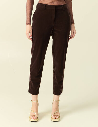 Pantalon flare taille haute en velours marron fonc&eacute; femme