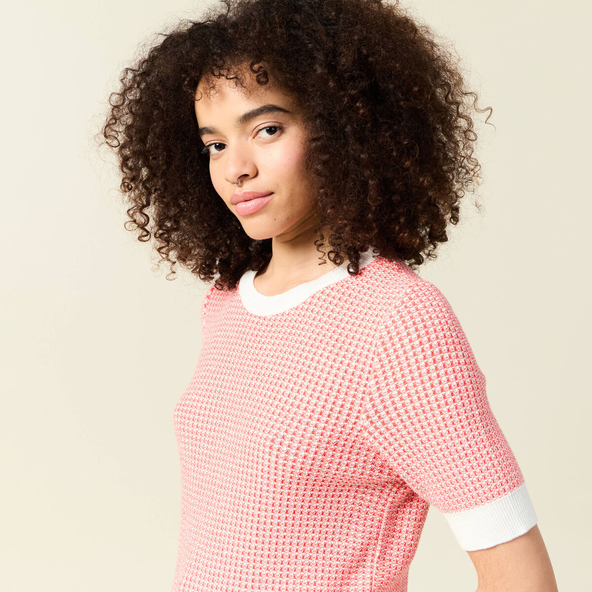 Pull droit court manches courtes ecru femme