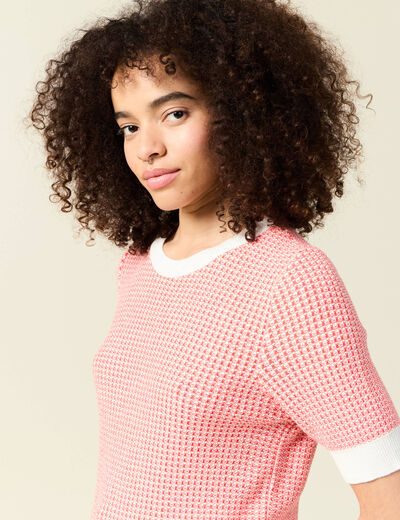 Pull droit court manches courtes ecru femme