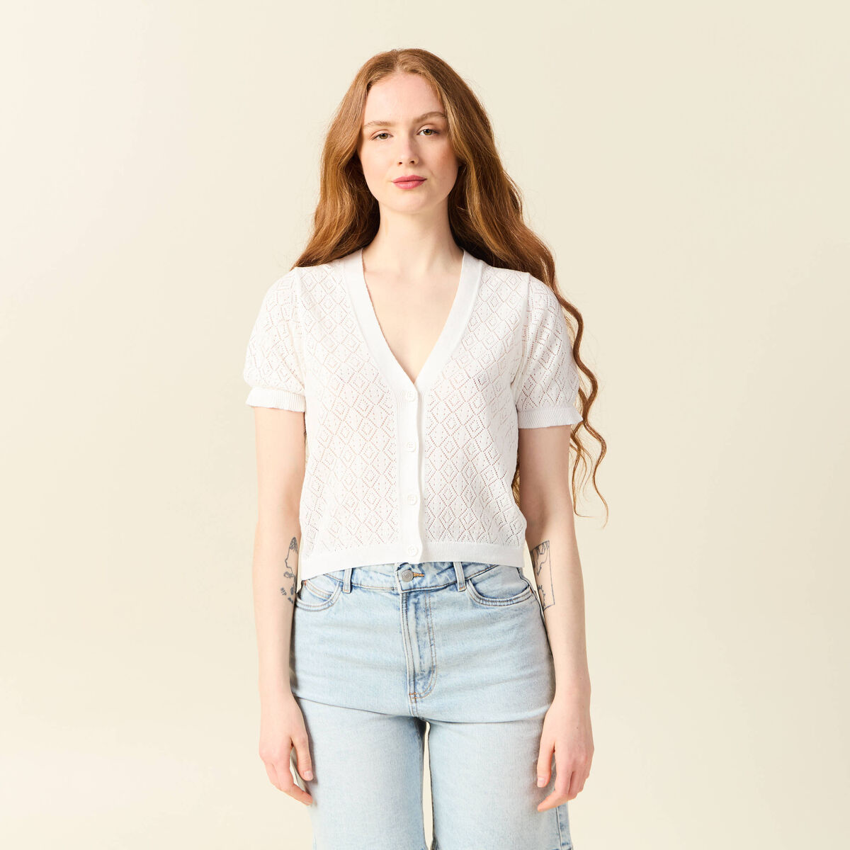 Gilet manches courtes ajouré ecru femme
