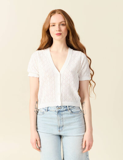 Gilet manches courtes ajouré ecru femme