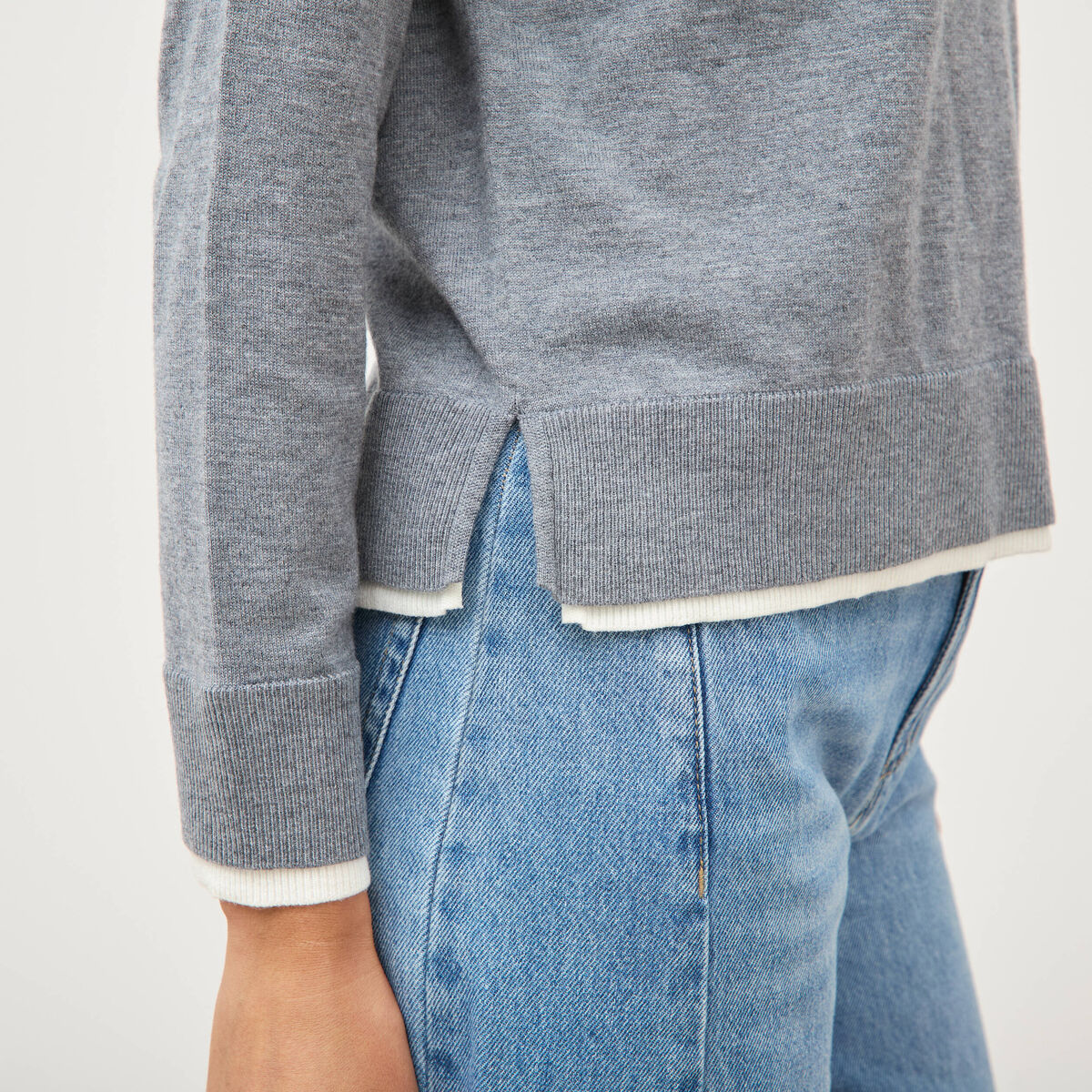 Pull droit col rond manches longues gris clair femme