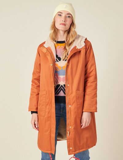 Parka droite à capuche doublée orange foncé femme