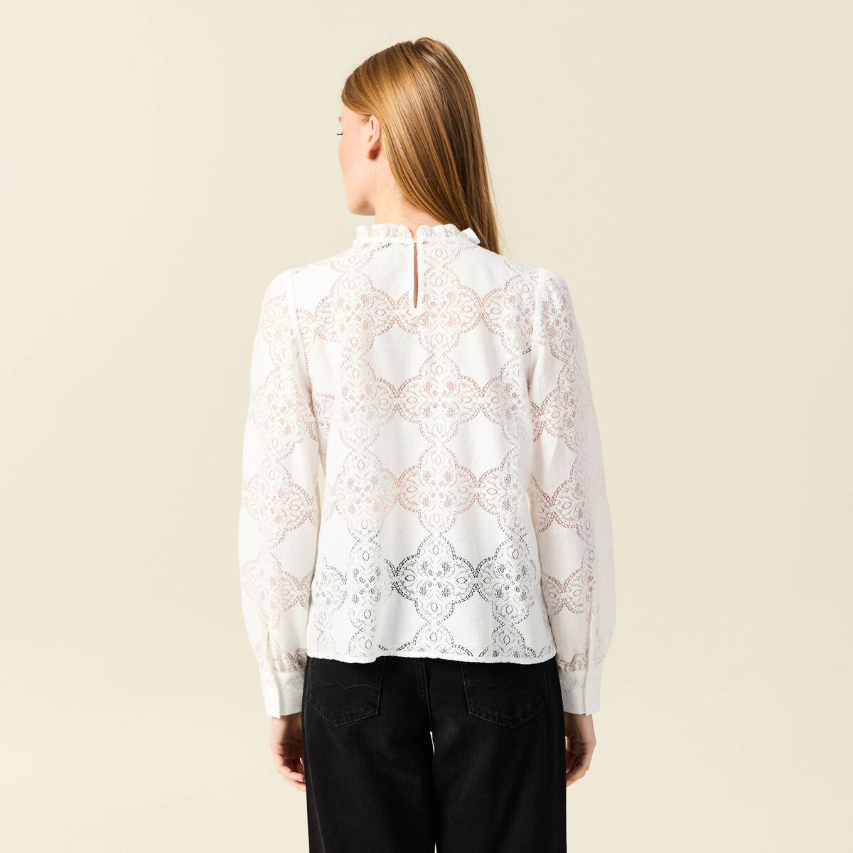 Blouse cintr&eacute;e dentelle manches longues ecru femme