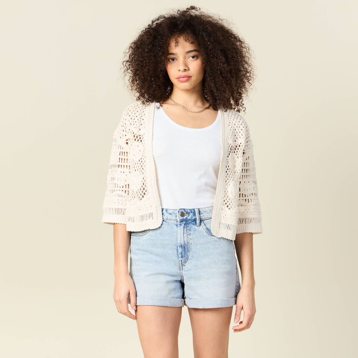 Gilet manches 3/4 ajouré ecru femme