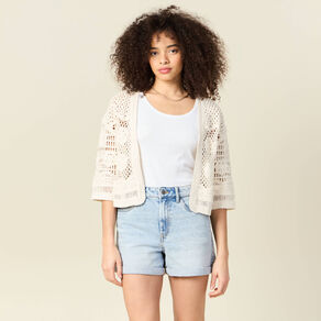 Gilet manches 3/4 ajouré ecru femme