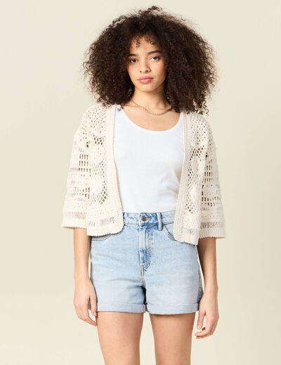 Gilet manches 3/4 ajouré ecru femme